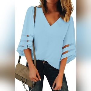 Vetinee Women's 3/4 Bell Sleeve Mesh Panel V Neck Blouse